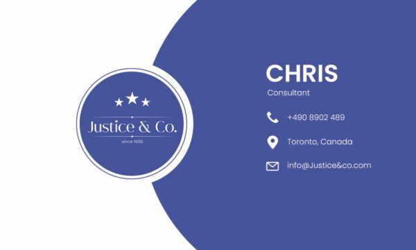 Justice co Business card front Large